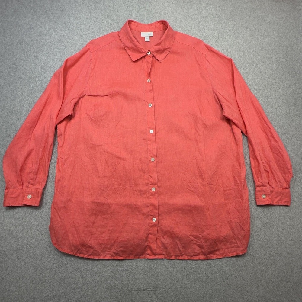 J Jill Love Linen Shirt Womens 1X Plus Pink Coral Long Sleeve Button Up Shirt